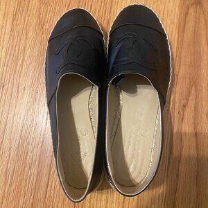 Chanel Black Leather Moccasin Loafers, CC Logo, Size EU 37